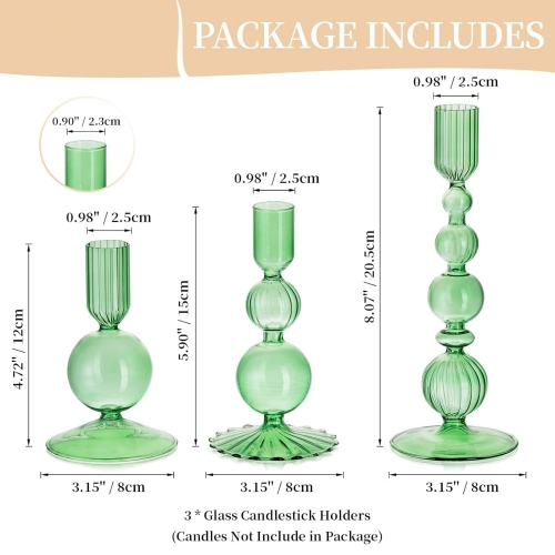 NIERBO Glass Green Taper Candle Holders Set of 3 Modern Candlestick Holders for Taper Candles Decorative Candle Holders for Table Centerpiece Wedding