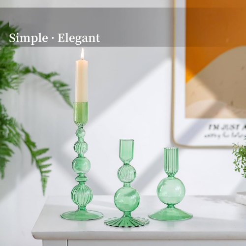 NIERBO Glass Green Taper Candle Holders Set of 3 Modern Candlestick Holders for Taper Candles Decorative Candle Holders for Table Centerpiece Wedding