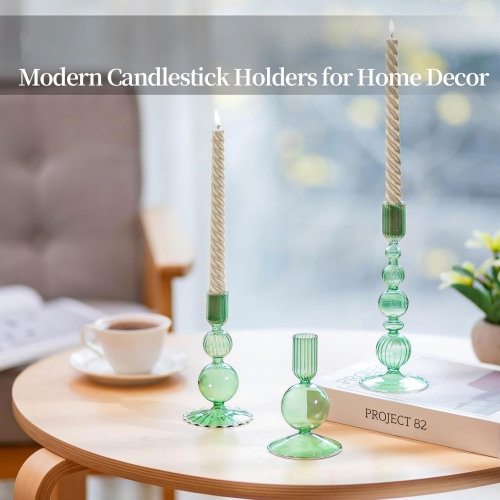NIERBO Glass Green Taper Candle Holders Set of 3 Modern Candlestick Holders for Taper Candles Decorative Candle Holders for Table Centerpiece Wedding