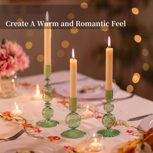 NIERBO Glass Green Taper Candle Holders Set of 3 Modern Candlestick Holders for Taper Candles Decorative Candle Holders for Table Centerpiece Wedding