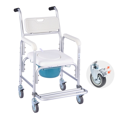 VEVOR 4-in-1 Bedside Commode Chair with Wheels, 350 lbs Capacity, Portable Toilet and Raised Toilet Seat with Padded Seat/Backrest/Flip-up Footrest,