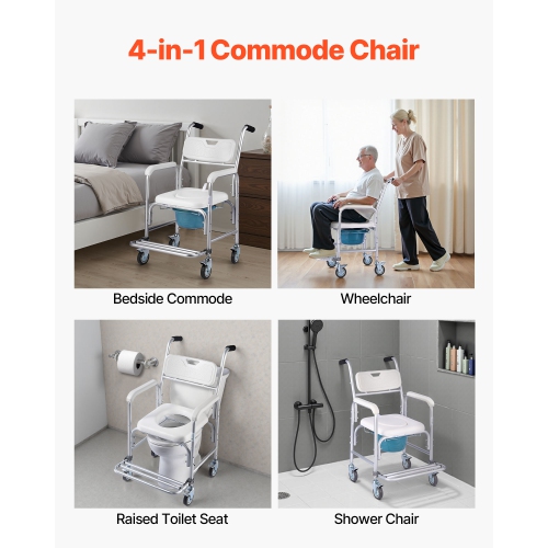 VEVOR 4-in-1 Bedside Commode Chair with Wheels, 350 lbs Capacity, Portable Toilet and Raised Toilet Seat with Padded Seat/Backrest/Flip-up Footrest,
