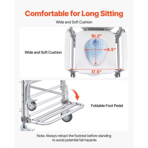 VEVOR 4-in-1 Bedside Commode Chair with Wheels, 350 lbs Capacity, Portable Toilet and Raised Toilet Seat with Padded Seat/Backrest/Flip-up Footrest,