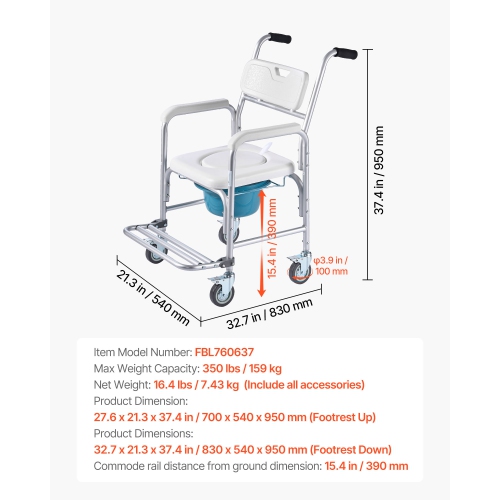 VEVOR 4-in-1 Bedside Commode Chair with Wheels, 350 lbs Capacity, Portable Toilet and Raised Toilet Seat with Padded Seat/Backrest/Flip-up Footrest,