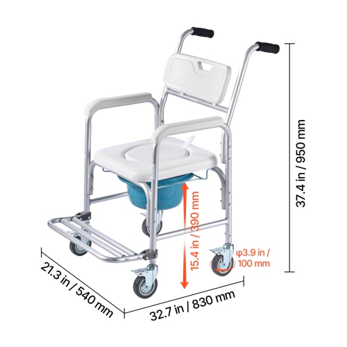 VEVOR 4-in-1 Bedside Commode Chair with Wheels, 350 lbs Capacity, Portable Toilet and Raised Toilet Seat with Padded Seat/Backrest/Flip-up Footrest,