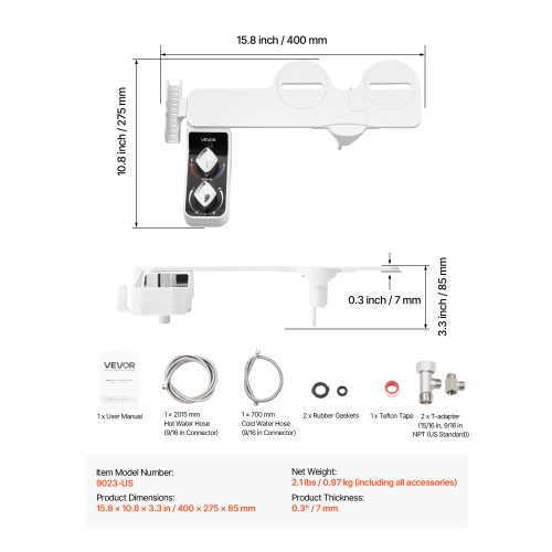 VEVOR 0.3’’ Bidet Attachment for Toilet, Hot & Cold Non-Electric Water Sprayer - Dual Retractable Nozzles, Adjustable Water Pressure, Ultra Thin