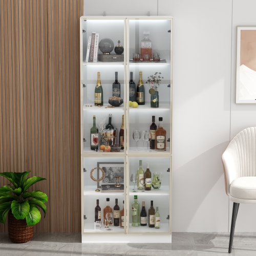 Famapy Contemporary White China Cabinet with Wine Storage and LED Lighting – Multi-Functional Display Cabinet for Kitchen and Dining Room,White