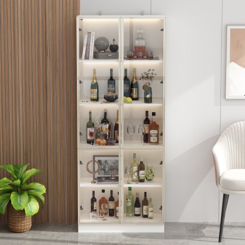 Famapy Contemporary White China Cabinet with Wine Storage and LED Lighting – Multi-Functional Display Cabinet for Kitchen and Dining Room,White