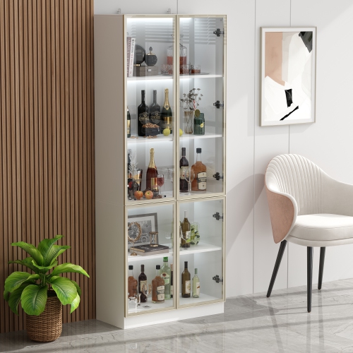 Famapy Contemporary White China Cabinet with Wine Storage and LED Lighting – Multi-Functional Display Cabinet for Kitchen and Dining Room,White