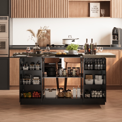 Îlot de cuisine luxueux en MDF Famapy avec dessus en bois de placage – Rangement spacieux et sièges polyvalents, noir et brun