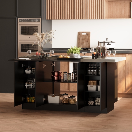 Îlot de cuisine luxueux en MDF Famapy avec dessus en bois de placage – Rangement spacieux et sièges polyvalents, noir et brun