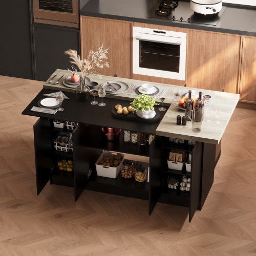 Îlot de cuisine luxueux en MDF Famapy avec dessus en bois de placage – Rangement spacieux et sièges polyvalents, noir et brun