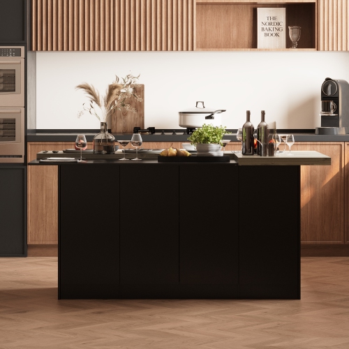 Îlot de cuisine luxueux en MDF Famapy avec dessus en bois de placage – Rangement spacieux et sièges polyvalents, noir et brun