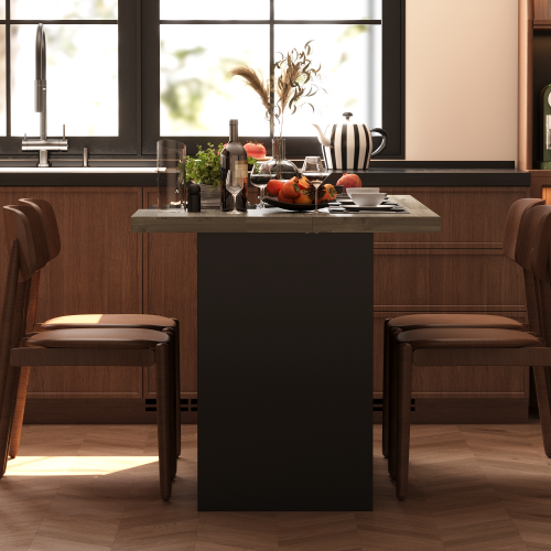 Îlot de cuisine luxueux en MDF Famapy avec dessus en bois de placage – Rangement spacieux et sièges polyvalents, noir et brun