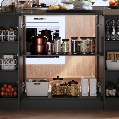 Îlot de cuisine luxueux en MDF Famapy avec dessus en bois de placage – Rangement spacieux et sièges polyvalents, noir et brun