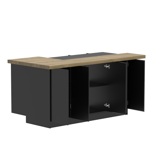 Îlot de cuisine luxueux en MDF Famapy avec dessus en bois de placage – Rangement spacieux et sièges polyvalents, noir et brun