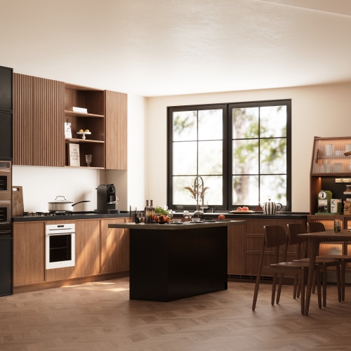 Îlot de cuisine luxueux en MDF Famapy avec dessus en bois de placage – Rangement spacieux et sièges polyvalents, noir et brun