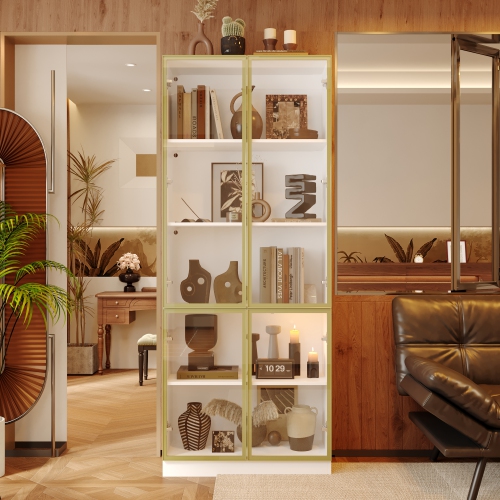 Bibliothèque contemporaine Famapy avec éclairage LED et portes en verre trempé – Armoire de rangement multifonction pour livres et décorations, blanc