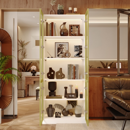 Bibliothèque contemporaine Famapy avec éclairage LED et portes en verre trempé – Armoire de rangement multifonction pour livres et décorations, blanc