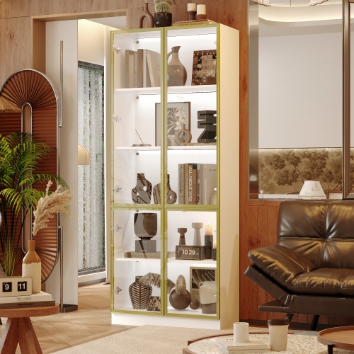 Bibliothèque contemporaine Famapy avec éclairage LED et portes en verre trempé – Armoire de rangement multifonction pour livres et décorations, blanc