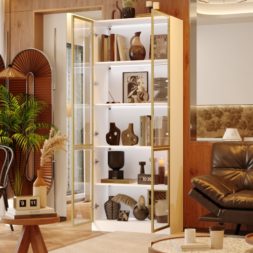 Bibliothèque contemporaine Famapy avec éclairage LED et portes en verre trempé – Armoire de rangement multifonction pour livres et décorations, blanc