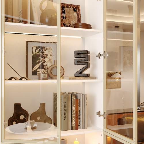 Bibliothèque contemporaine Famapy avec éclairage LED et portes en verre trempé – Armoire de rangement multifonction pour livres et décorations, blanc