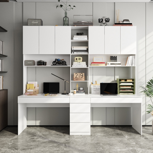 Famapy Contemporary White 6-Door, 6-Drawer Desk with Hutch – Spacious Writing Desk with Ample Storage,White