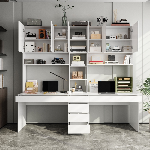 Famapy Contemporary White 6-Door, 6-Drawer Desk with Hutch – Spacious Writing Desk with Ample Storage,White