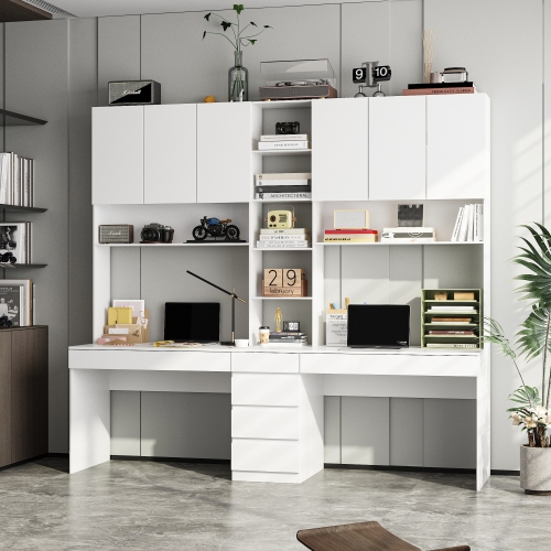 Famapy Contemporary White 6-Door, 6-Drawer Desk with Hutch – Spacious Writing Desk with Ample Storage,White