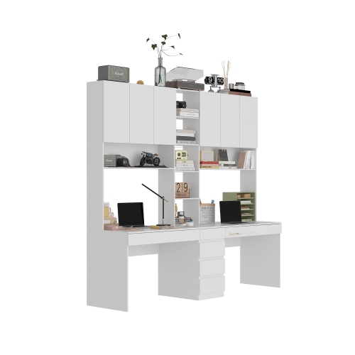 Famapy Contemporary White 6-Door, 6-Drawer Desk with Hutch – Spacious Writing Desk with Ample Storage,White