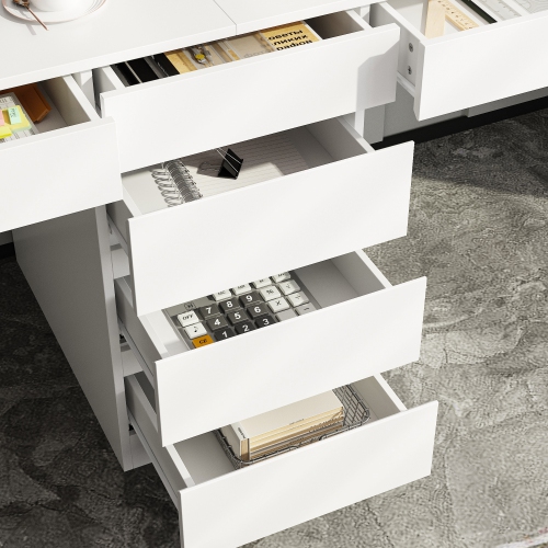 Famapy Contemporary White 6-Door, 6-Drawer Desk with Hutch – Spacious Writing Desk with Ample Storage,White