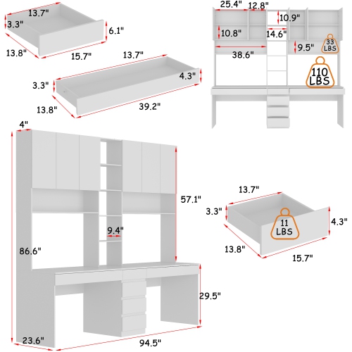 Famapy Contemporary White 6-Door, 6-Drawer Desk with Hutch – Spacious Writing Desk with Ample Storage,White