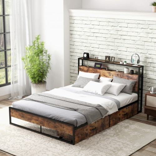 Bed Frame with Multi-Level Storage Headboard and Integrated Charging