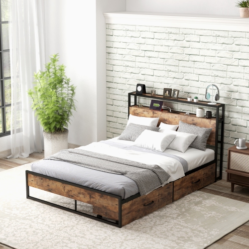 Bed Frame with Multi-Level Storage Headboard and Integrated Charging