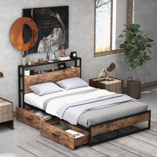 Bed Frame with Multi-Level Storage Headboard and Integrated Charging