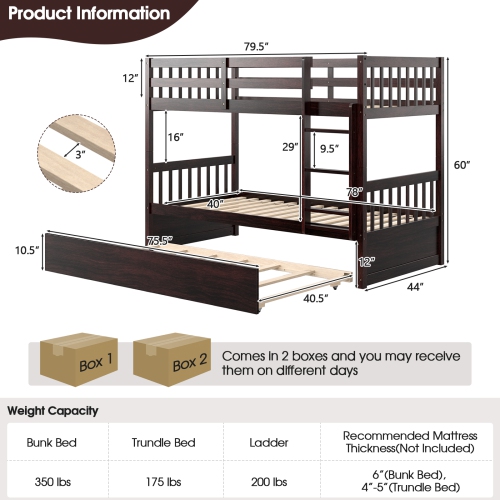 Wooden Bunk Bed Frame with Ladder and Trundle Bed Storage