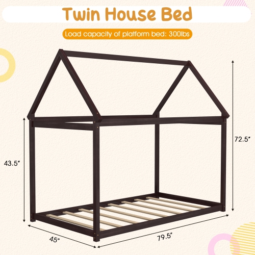 Platform Floor Bed for Children with Roof and Durable Slatted Base