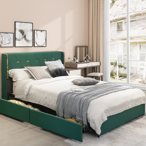Upholstered Bed Frame with 4 Storage Drawers and Padded Headboard