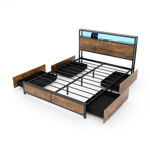 Modern Bed Frame with Smart LED Lights and Storage Drawers for Bedroom