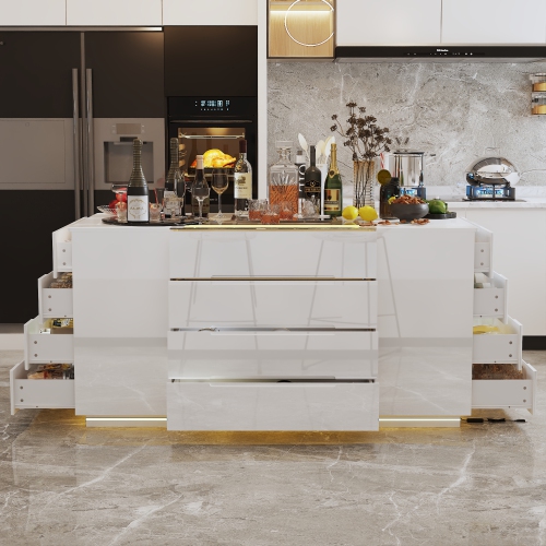 Famapy Elegant 16-Drawer White Kitchen Island with LED Lighting – Ample Storage, Soft-Close Drawers & UL-Certified Plug,, White