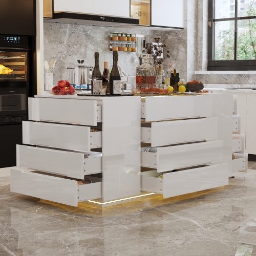 Famapy Elegant 16-Drawer White Kitchen Island with LED Lighting – Ample Storage, Soft-Close Drawers & UL-Certified Plug,, White