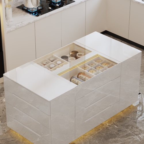 Famapy Elegant 16-Drawer White Kitchen Island with LED Lighting – Ample Storage, Soft-Close Drawers & UL-Certified Plug,, White