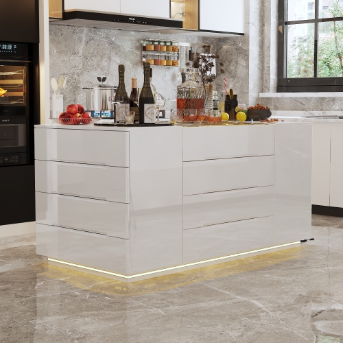 Famapy Elegant 16-Drawer White Kitchen Island with LED Lighting – Ample Storage, Soft-Close Drawers & UL-Certified Plug,, White