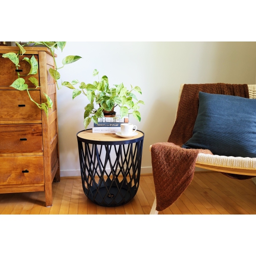 PRISP Timballa Storage Basket Table - Round Coffee Table, Side Table, End Table with Bamboo Lid, for Living Room, Bedroom, Patio & Balcony Decor