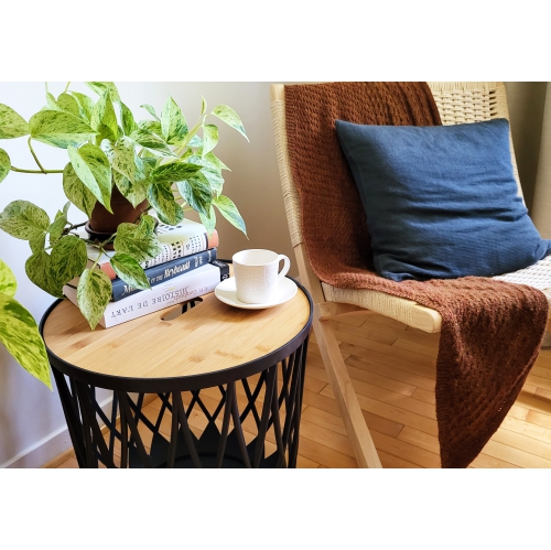 PRISP Timballa Storage Basket Table - Round Coffee Table, Side Table, End Table with Bamboo Lid, for Living Room, Bedroom, Patio & Balcony Decor