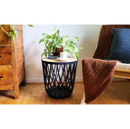 PRISP Timballa Storage Basket Table - Round Coffee Table, Side Table, End Table with Bamboo Lid, for Living Room, Bedroom, Patio & Balcony Decor