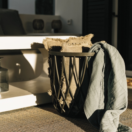 PRISP Timballa Storage Basket Table - Round Coffee Table, Side Table, End Table with Bamboo Lid, for Living Room, Bedroom, Patio & Balcony Decor