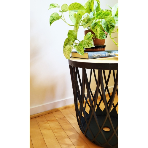 PRISP Timballa Storage Basket Table - Round Coffee Table, Side Table, End Table with Bamboo Lid, for Living Room, Bedroom, Patio & Balcony Decor