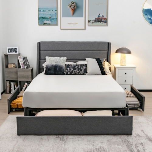 Upholstered Platform Bed Frame with 3 Storage Drawers and Headboard