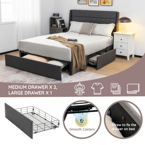 Upholstered Platform Bed Frame with 3 Storage Drawers and Headboard